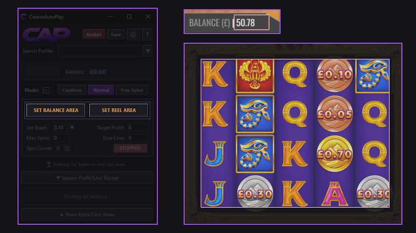 Slots auto clicker setup: selecting the balance and reel areas by clicking and dragging boxes over them