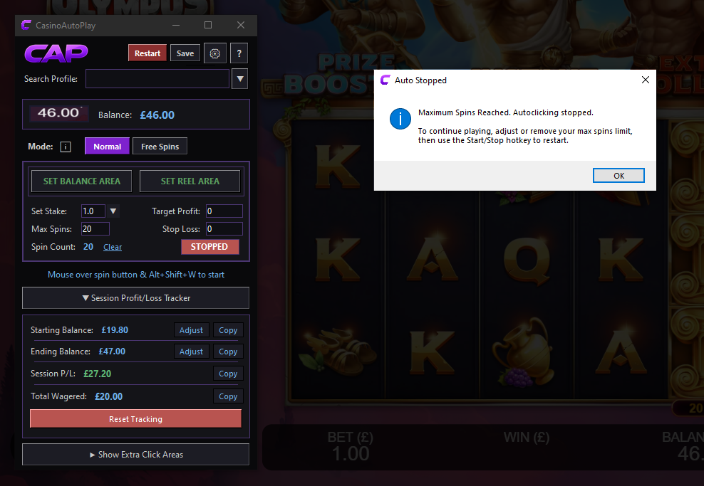 CasinoAutoPlay slots auto clicker interface showing real-time balance tracking, spin counts, and target settings