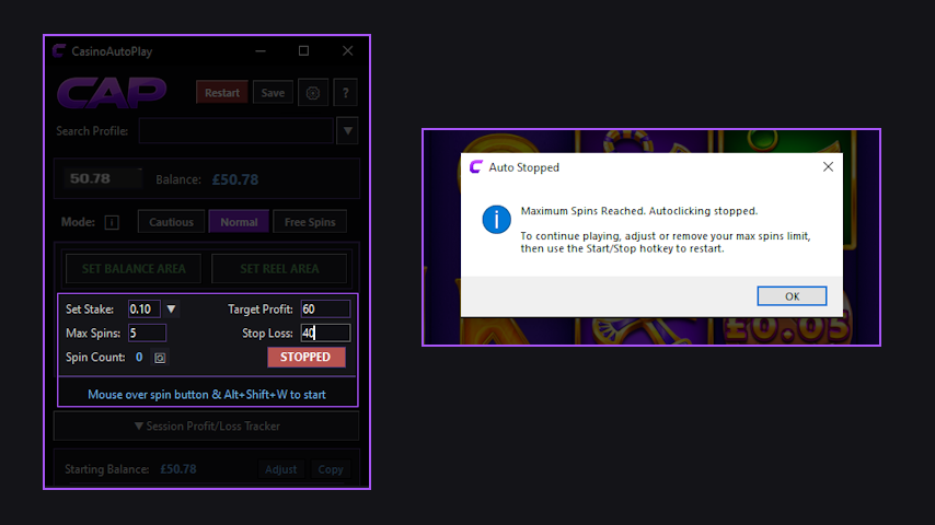Slots auto clicker setup: setting stake size, targets and starting CAP with a hotkey