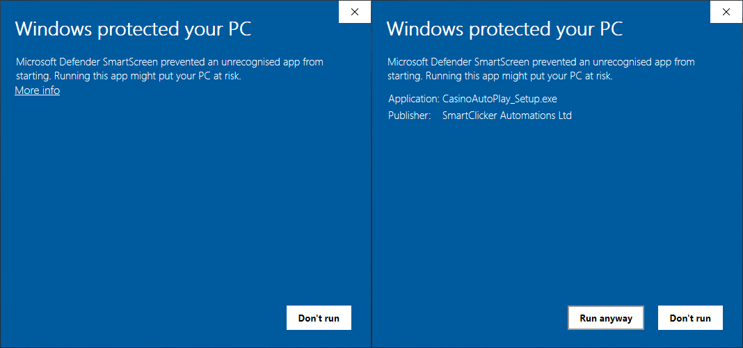 Windows SmartScreen: click More info, then Run anyway. The panel shows Publisher: SmartClicker Automations Ltd.